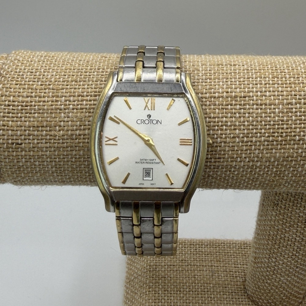 Croton 3ATM Men's Quartz Watch classic Tonneau Barrel Face Silver Gold Vintage